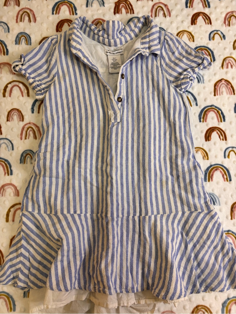 cupcakes & cashmere Blue and White Striped Ruffle Hem Dress